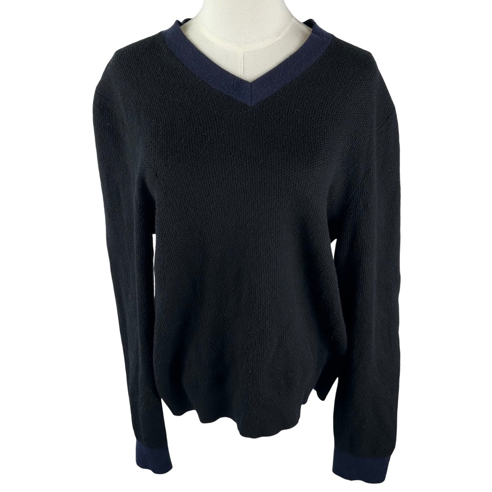 Chanel Uniform Sweater Womens M Black Wool Blue Trim V Neck Pullover Logo 18A